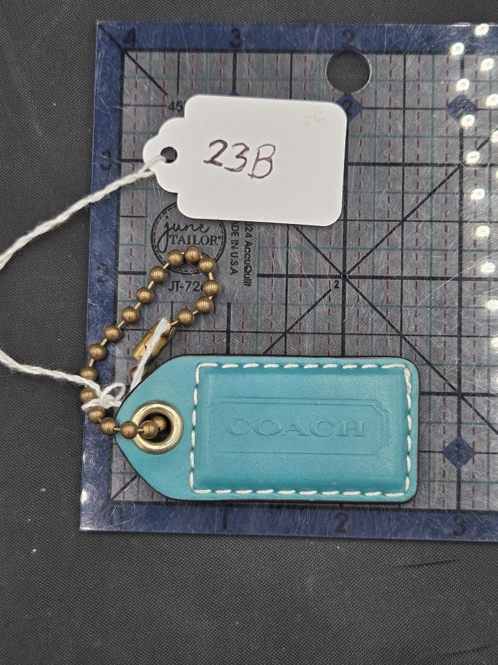 COACH Teal Leather Bag Tag with Brass Bead Chain